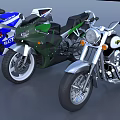 Three Different Motorcycles in Blue White Green and Silver with Classic and Sporty Designs