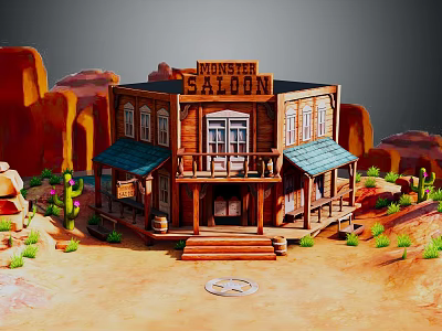 Cartoon Scene of Western Saloon Wooden Building With Balcony Sign Desert Cacti and Red Rocks 3d model