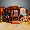 Cartoon Scene of Western Saloon Wooden Building With Balcony Sign Desert Cacti and Red Rocks