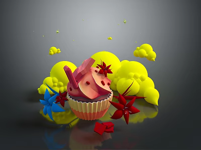 Pink Cupcake With Yellow Cloud Decorations Red Blue Flowers On Dark Reflective Surface 3d model