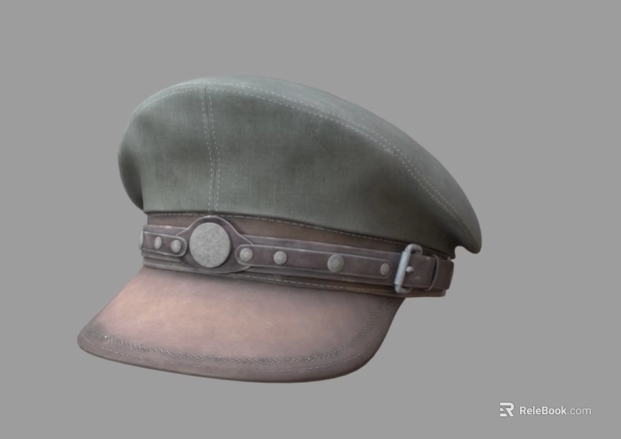 Green Fabric Hat With Brown Brim Leather Strap Metal Buckle And Round Badge 3d model 