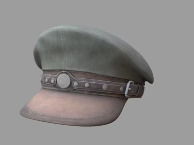 Green Fabric Hat With Brown Brim Leather Strap Metal Buckle And Round Badge 3d model