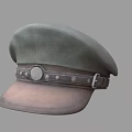 Green Fabric Hat With Brown Brim Leather Strap Metal Buckle And Round Badge