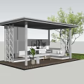 Modern Outdoor Gazebo With Black Frame Open Design Seating Area Sofas Plants And Trees 3d model