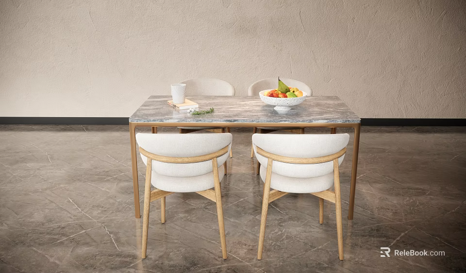 Modern Dining Table Set With Marble Tabletop Wooden Frame And White Upholstered Chairs 3d model