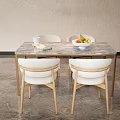 Modern Dining Table Set With Marble Tabletop Wooden Frame And White Upholstered Chairs 3d model