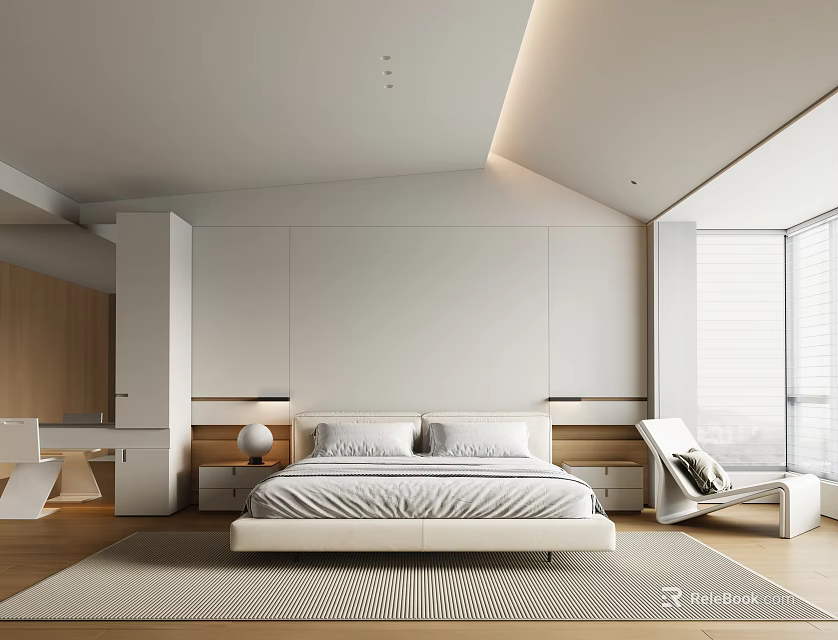 Modern Minimalist Bedroom With White Bed Wooden Accents And Floor To Ceiling Windows 3d model 