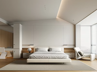 Modern Minimalist Bedroom With White Bed Wooden Accents And Floor To Ceiling Windows 3d model