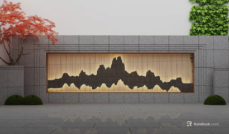 Outdoor Feature Wall With Mountain Pattern Wooden Slats And Red Maple Leaves Green Vines 3d model 