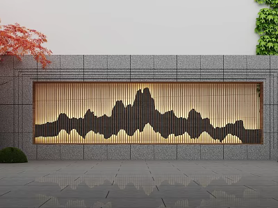 Outdoor Feature Wall With Mountain Pattern Wooden Slats And Red Maple Leaves Green Vines 3d model