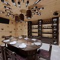 Wine Cellar Themed Dining Room With Round Table Wooden Walls And Wine Racks