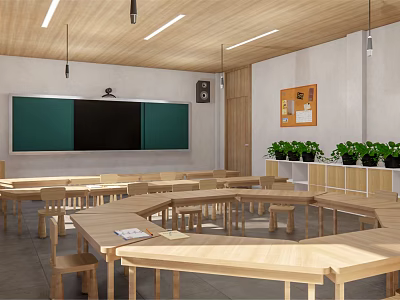 Bright Kindergarten Classroom With Wooden Tables Chairs Green Blackboard And Potted Plants 3d model