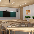 Bright Kindergarten Classroom With Wooden Tables Chairs Green Blackboard And Potted Plants