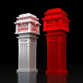 Two Decorative White And Red Pillars With Ornamental Lantern Style Tops 3d model