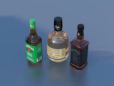 Three Assorted Alcohol Bottles with Mint Label and Whiskey Design 3d model