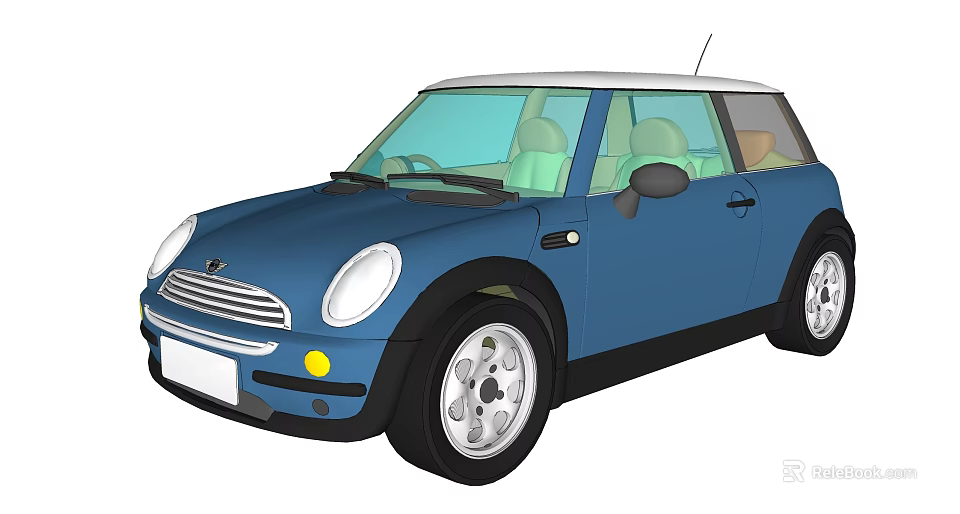 Blue Classic Mini Car With White Roof And Silver Alloy Wheels 3d model 