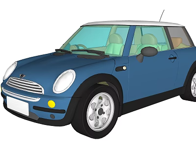 Blue Classic Mini Car With White Roof And Silver Alloy Wheels 3d model