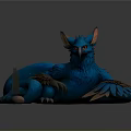 Blue Mythical Creature with Feathered Wings Red Eyes Claws and Long Tail Lying on Dark Background