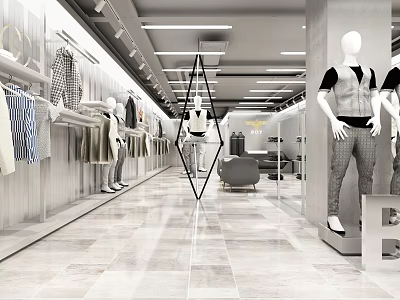 Modern Clothing Store Interior With Mannequins Fashion Racks Displayed Clothes And Marble Floor 3d model