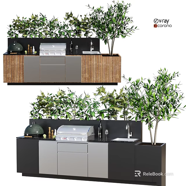 Modern Kitchen Appliances With Wooden Gray Cabinets Island Grill Sink And Olive Trees 3d model 