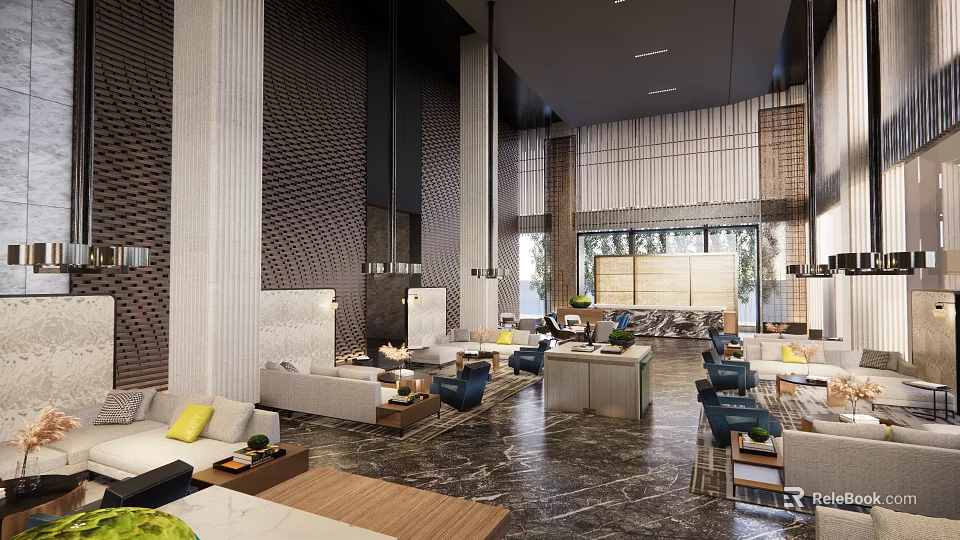Modern Hotel Lobby Interior With Comfortable Sofas Marble Floors And Large Windows 3d model