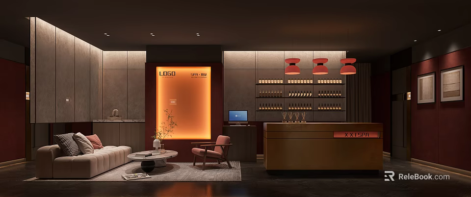 Luxurious SPA Sauna Reception Area With Seating And Lighting 3d model 