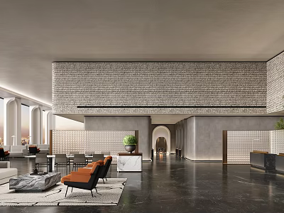 Modern Clubhouse Lobby With Open Space Grey Walls Orange Sofa Green Plants And Marble Decor 3d model