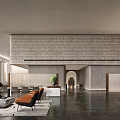 Modern Clubhouse Lobby With Open Space Grey Walls Orange Sofa Green Plants And Marble Decor