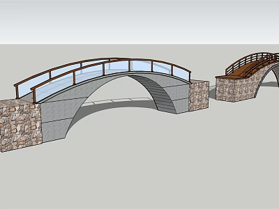 Landscape Bridge With Arch Design Stone Base Wooden Railings And Glass Panels 3d model