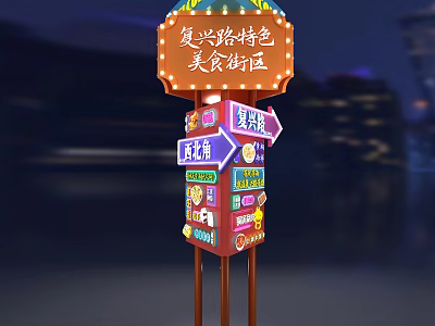Fuxing Road Specialty Food District Colorful Signpost With Direction Indicators and Store Names 3d model