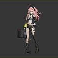 Game Movie Female Character With Pink Hair Horns Black White Outfit Holding Black Case Boots