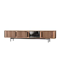 Modern Wooden TV Stand With Slatted Doors And Metal Legs Design