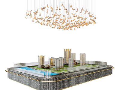 Urban Development Scale Model With High Rise Buildings Green Area Water Pool and Bird Chandelier 3d model