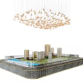 Urban Development Scale Model With High Rise Buildings Green Area Water Pool and Bird Chandelier