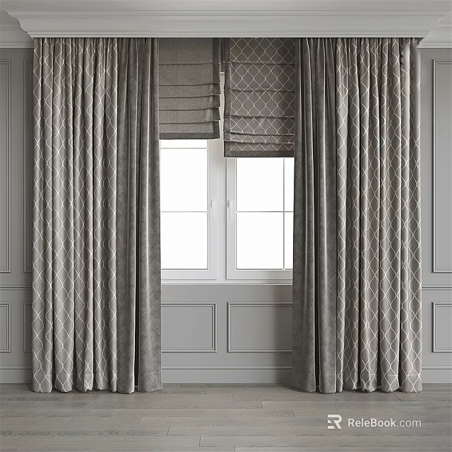 Elegant Gray Curtains With Textured Patterns And Roman Blinds For Double Windows 3d model