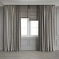 Elegant Gray Curtains With Textured Patterns And Roman Blinds For Double Windows 3d model