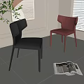 Black and Red Leather Upholstered Modern Dining Chairs with Open Magazine Near Plant and Window