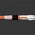 Modern Futuristic Sci-Fi Weapon with Orange White Black Silver Sleek Design and Glowing Green Part