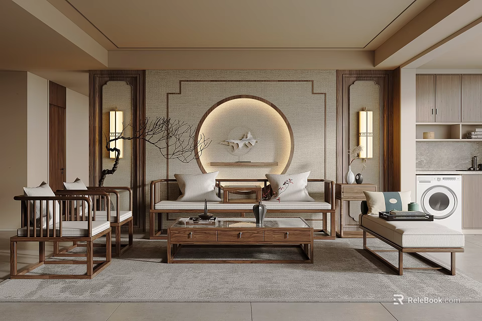 Chinese Style Living Room With Wooden Sofa Coffee Table Circular Decorative Wall And Wall Lamps 3d model 