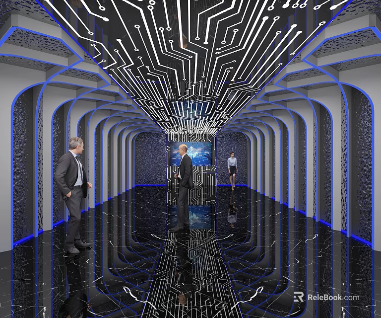 Modern Hotel Corridor With Circuit Ceiling Lights Blue Accents And Black Marble Floor 3d model 
