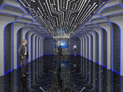 Modern Hotel Corridor With Circuit Ceiling Lights Blue Accents And Black Marble Floor 3d model