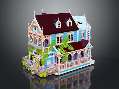 Colorful Decorated Building With Blue Pink Walls Vines Flowers Balcony And Pointed Roof 3d model