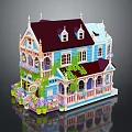 Colorful Decorated Building With Blue Pink Walls Vines Flowers Balcony And Pointed Roof