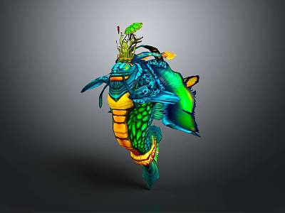 Colorful Mythical Creature Character With Blue Green Body Yellow Green Scales And Plant Head 3d model