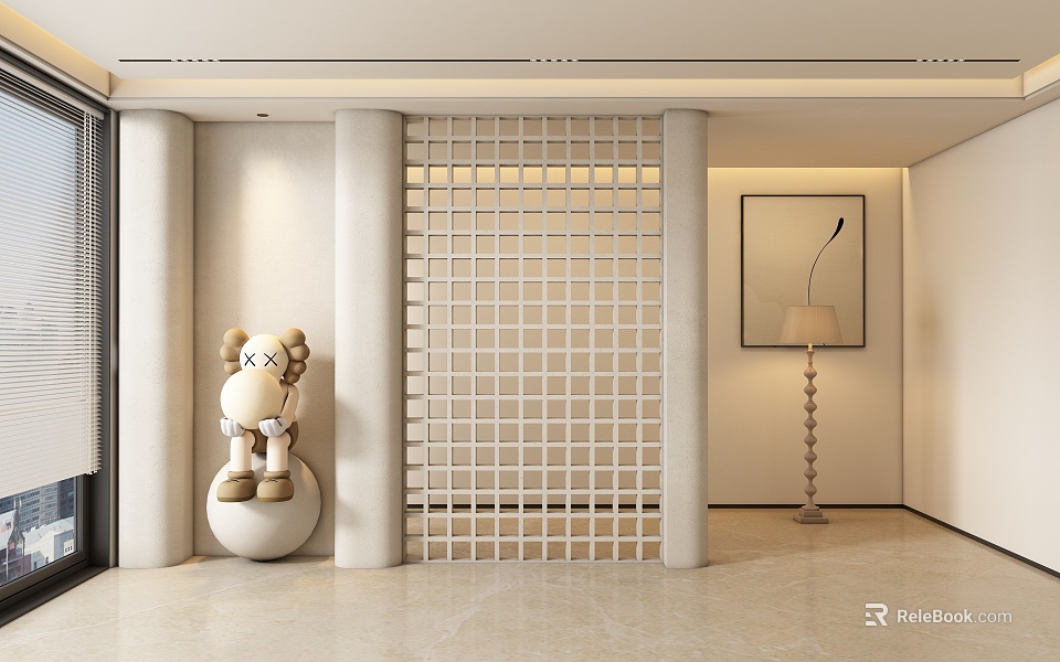 Minimalist Foyer Passage With Grid Screen Art Sculpture And Floor Lamp 3d model 