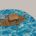 Wooden Boat with Thatched Roof Clay Pot and Oar Floating on Blue Water