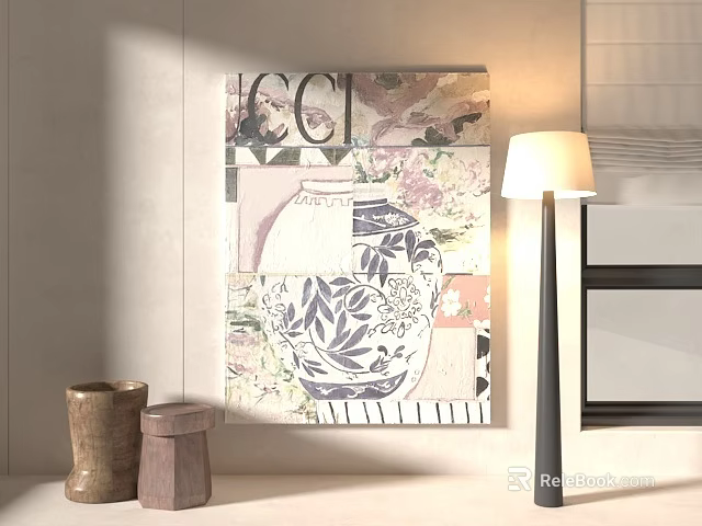 Abstract Painting Collage Style Interior Decor With Floor Lamp And Wooden Stools 3d model 