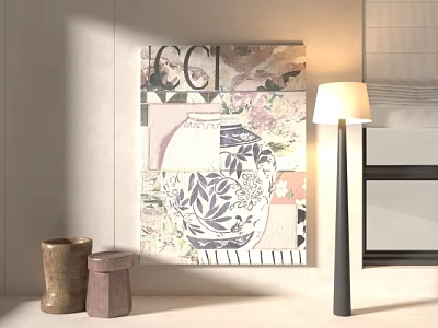 Abstract Painting Collage Style Interior Decor With Floor Lamp And Wooden Stools 3d model