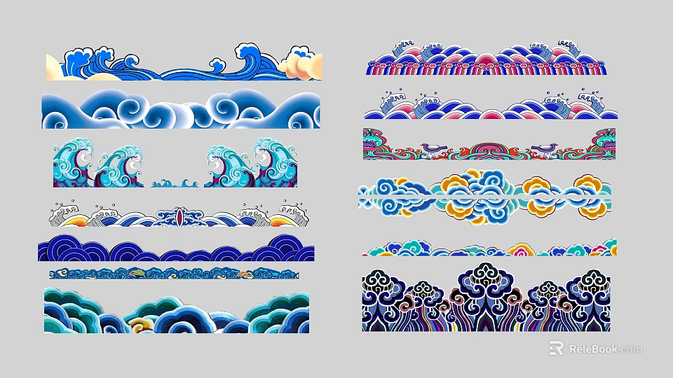 Traditional Chinese Wall Decor with Colorful Wave and Cloud Patterns Design 3d model