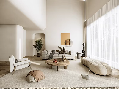 Duplex Living Room Interior With Large Windows Sheer Curtains Sofa Round Coffee Table Floor Cushions 3d model